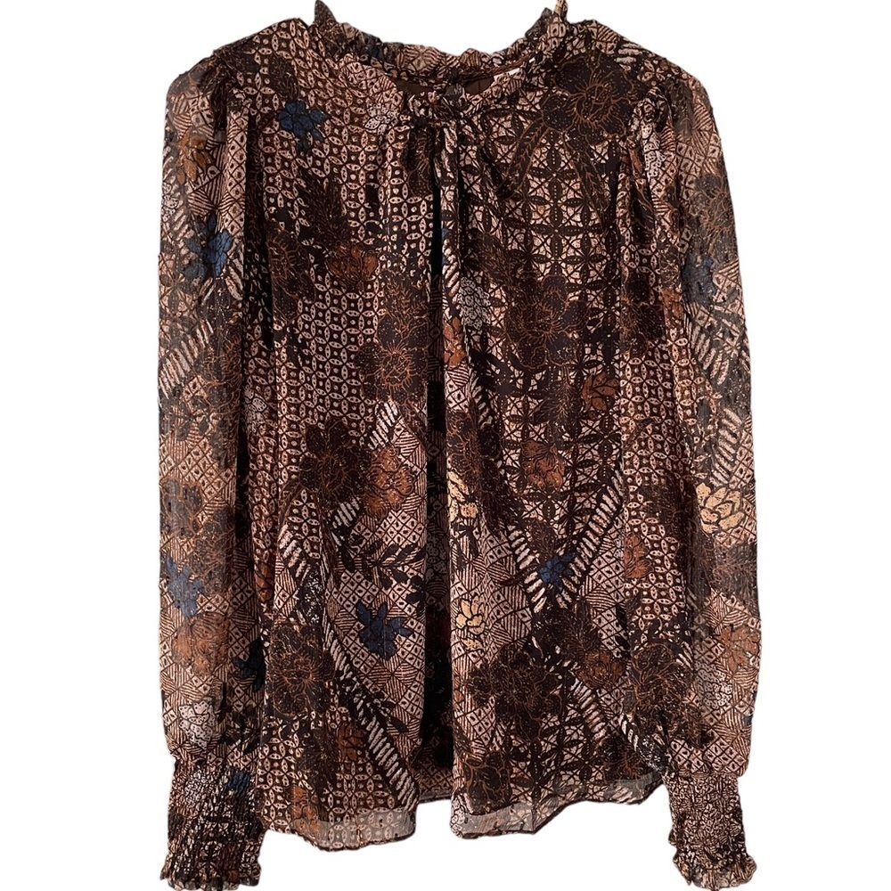 NWT Joie Brown Floral Smocked Wrist Mock Neck Blouse Small